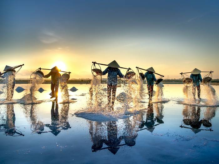 Salt farmers carrying baskets across shimmering fields at sunrise